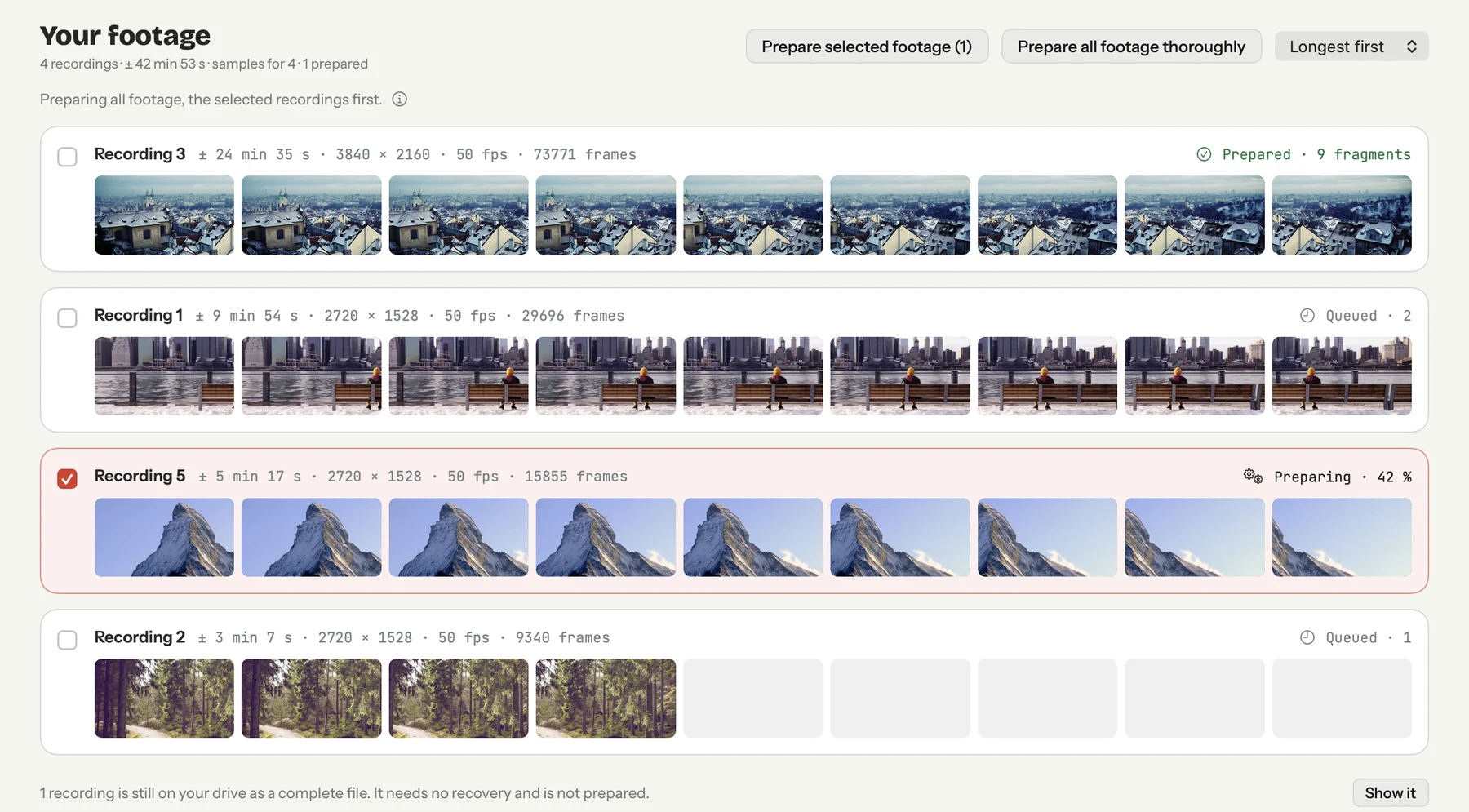 Footage Back showing four recordings found on the drive, each with nine frames, one prepared and one being prepared.