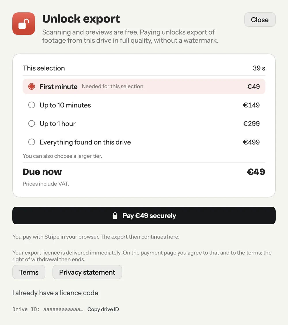 The purchase sheet of Footage Back: four prices by length of footage, up to a minute chosen, 49 euro due.